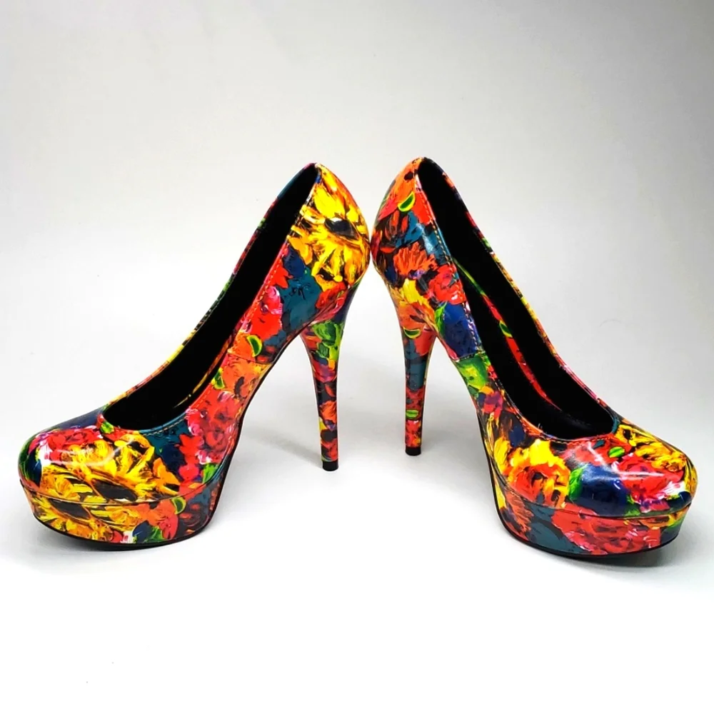 Wild Pair Dayton Multi Color Floral Platform Stilettos 7